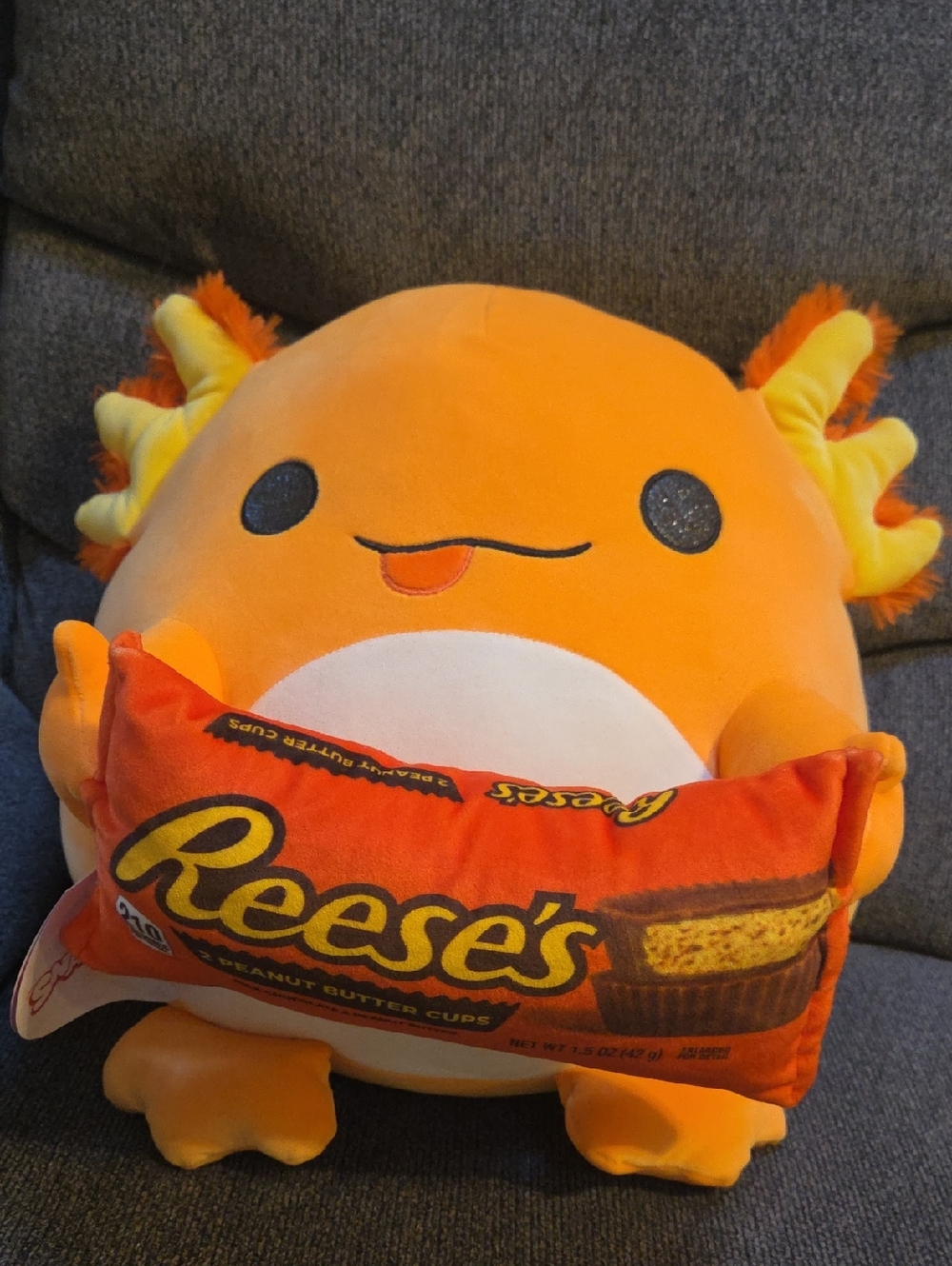 Snackles 14 Inch Large Axolotl Plush Holding Reese's- Orange